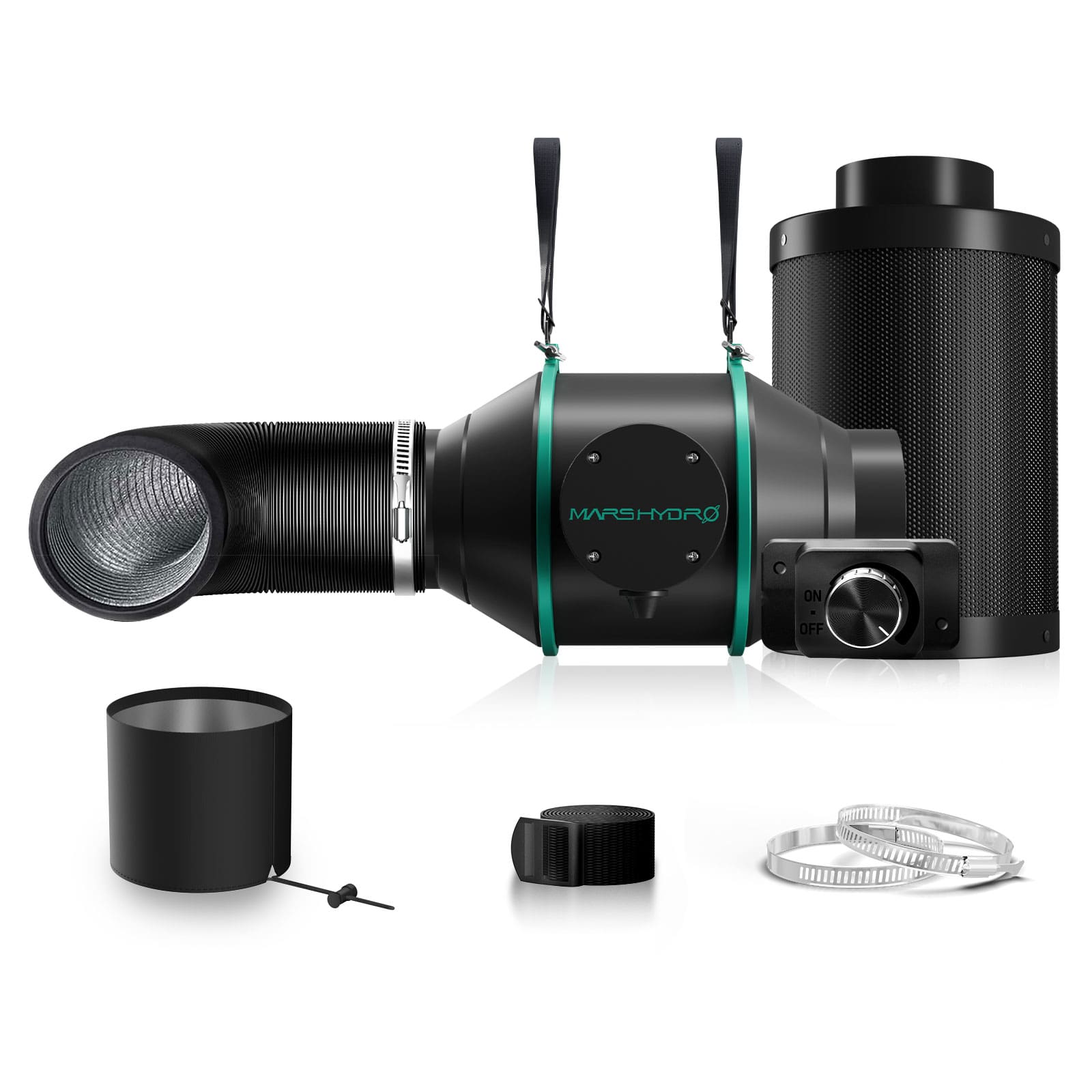 Mars Hydro 4″ (100mm) Inline-Rohrventilator und nachfüllbarer Kohlefilter-Kombination mit Geschwindigkeitsregler