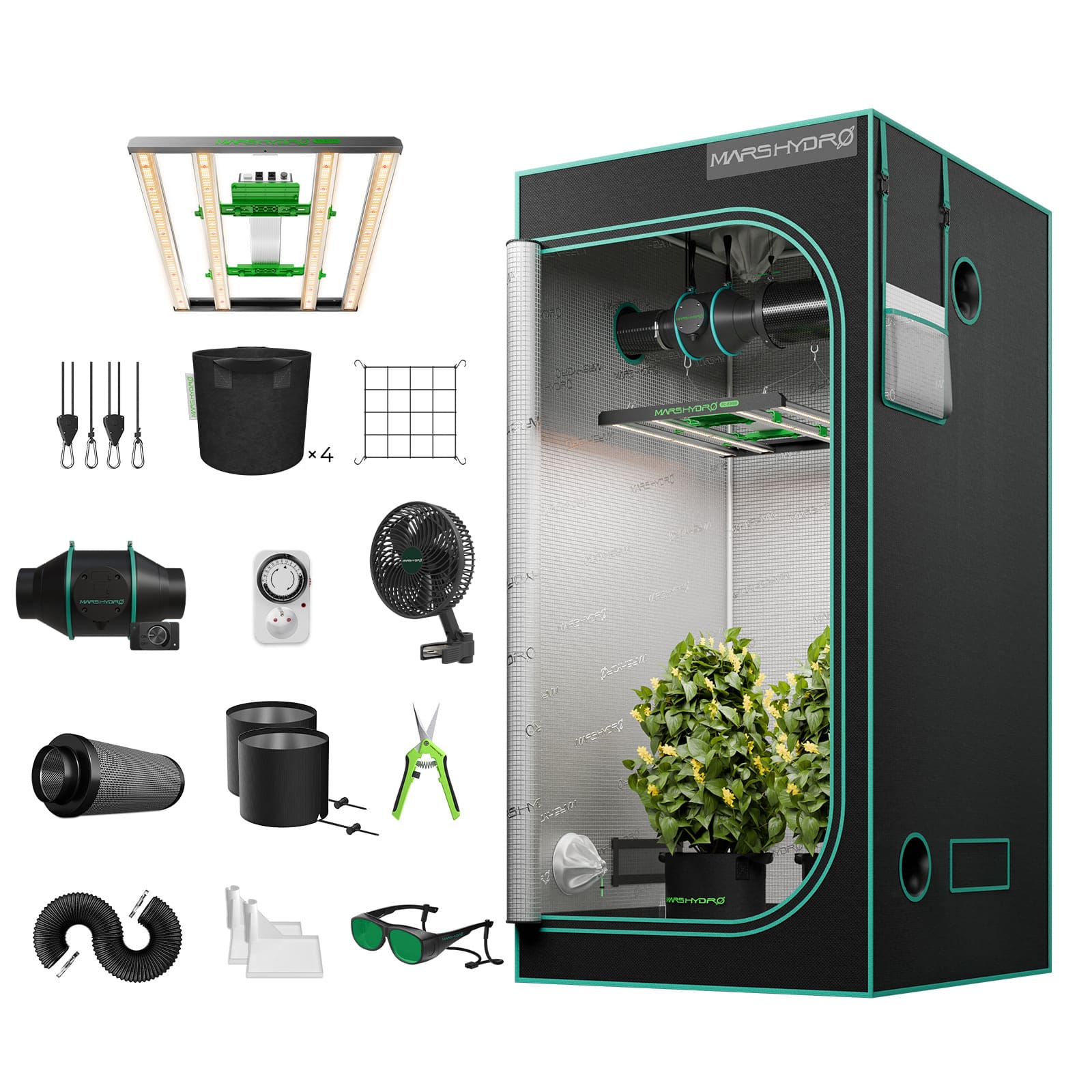 Mars Hydro FC-E3000 Growbox Komplettset Pflanzenlampe+100x100x180cm Grow Zelt+4″ Belüftungssystem