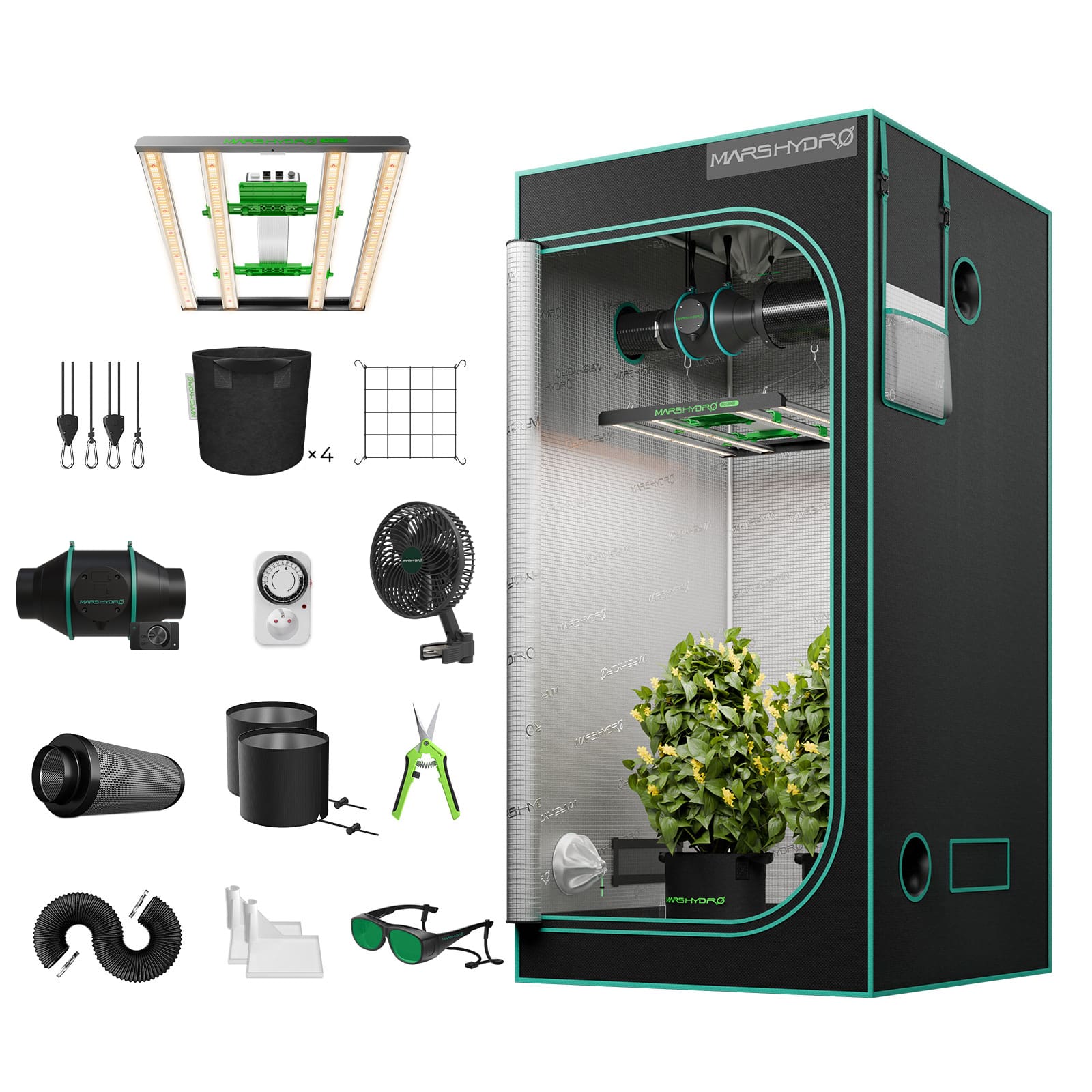 Mars Hydro FC 3000-EVO 300W Samsung LED+100x100x180cm Growbox Komplettset+4″ Belüftungssystem für 4-6 Pflanzen