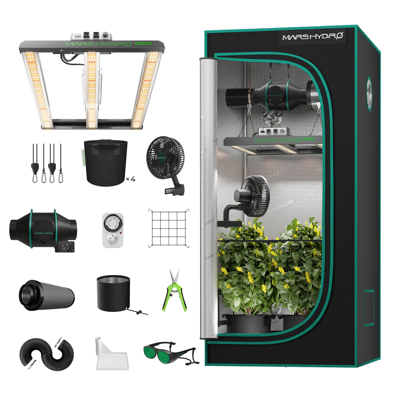 Mars Hydro FC 1500-EVO Growbox Komplettset Samsung LM301H 150W LED Pflanzenlampe+80x80x160cm growbox+4″-Belüftungssystem