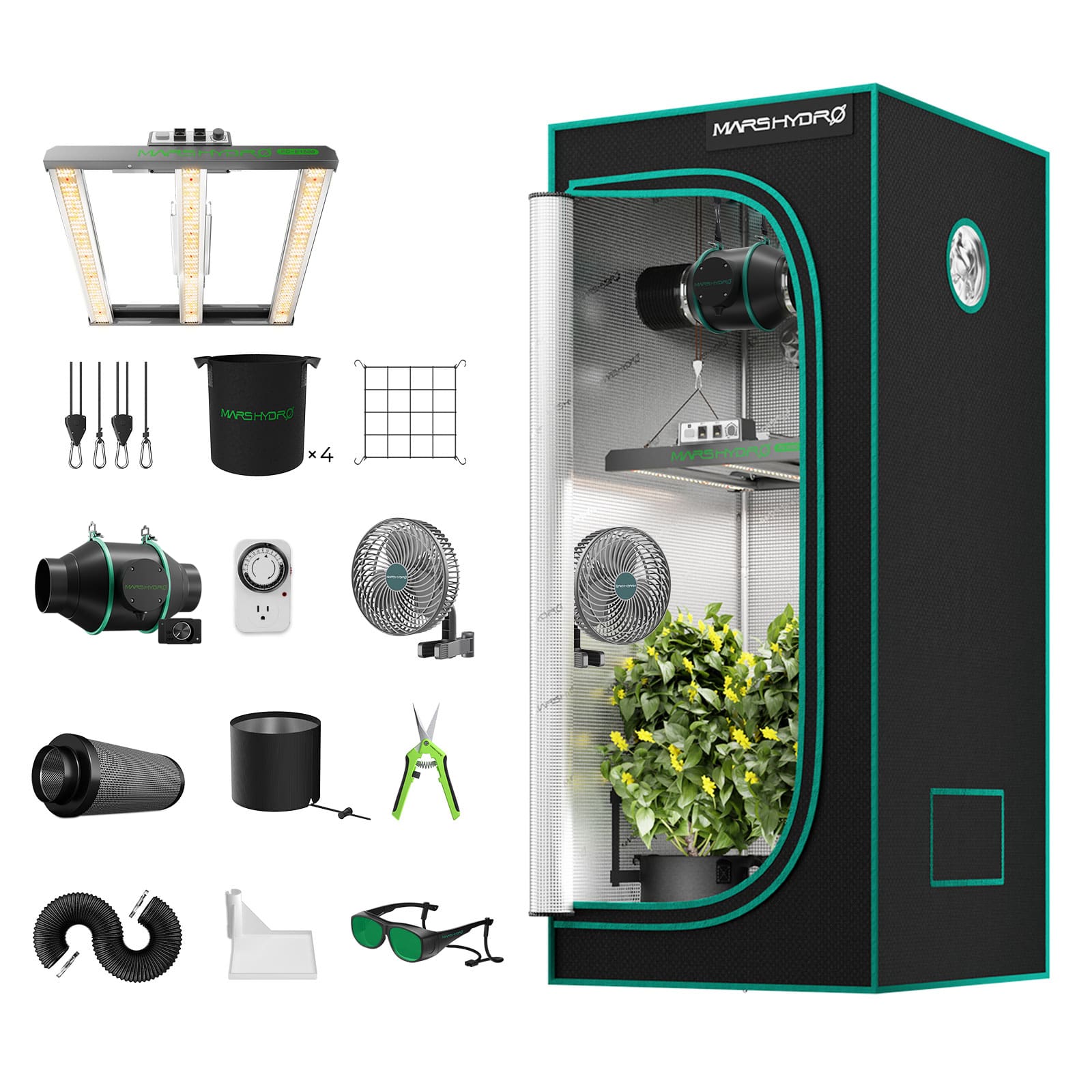 Mars Hydro FC-E1500 150W LED Pflanzenlampe+ 80x80x160cm Growbox Komplettset +4″-Belüftungssystem