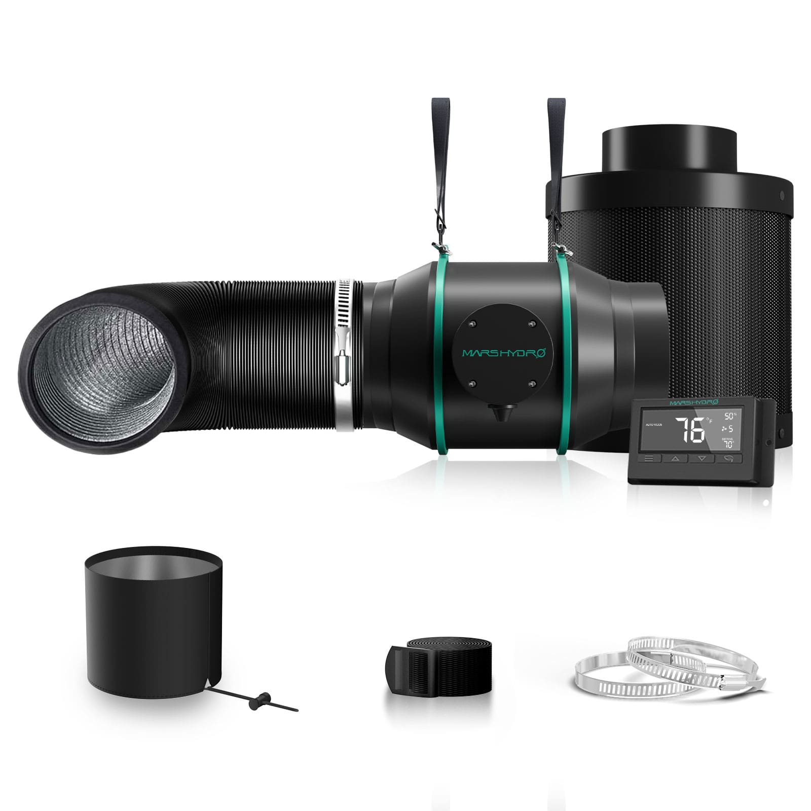 Mars Hydro 6″ (150mm) Inline-Kanalventilator und nachfüllbarer Kohlefilter-Kombination mit Thermostatregler