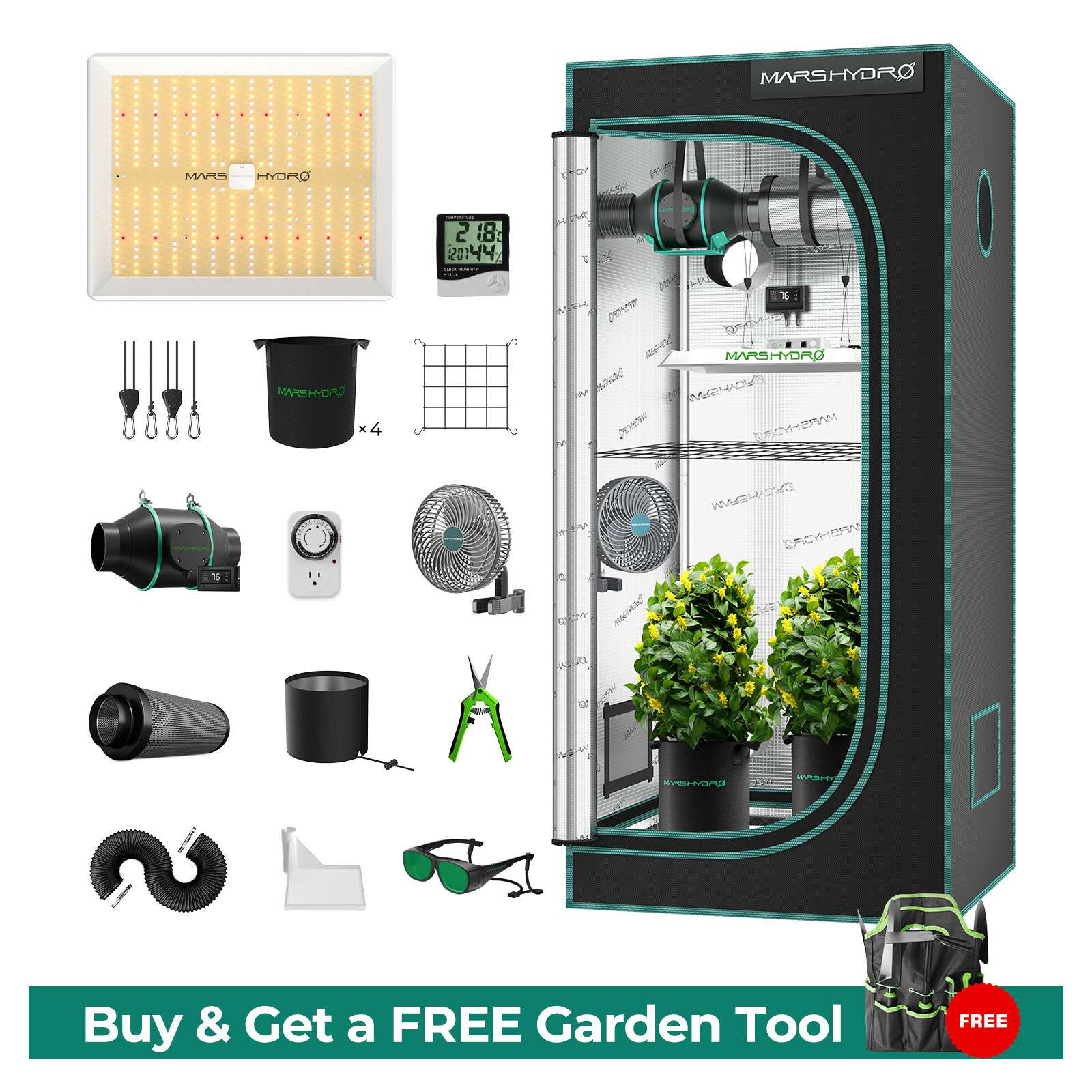 Mars Hydro TS 1000 150W Pflanzenlampe led + 80x80x160cm Growbox Komplettset mit Temperatur-Feuchtigkeits-Controller