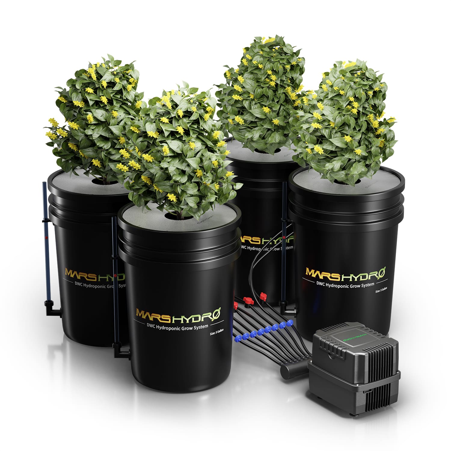 (2 Packungen, 55 € sparen) Mars Hydro 5-Gallonen DWC Hydroponisches System Kit – 4 Eimer für 100x100cm Grow Tent 2-4 Pflanzen